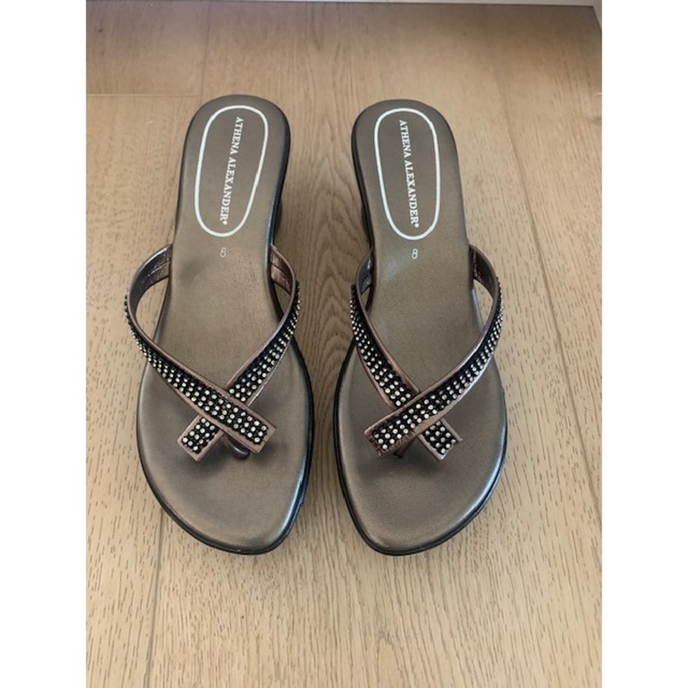 Athena Alexander Rhinestone Wedge Sandals Metallic Pewter Bronze Thong Slides 8